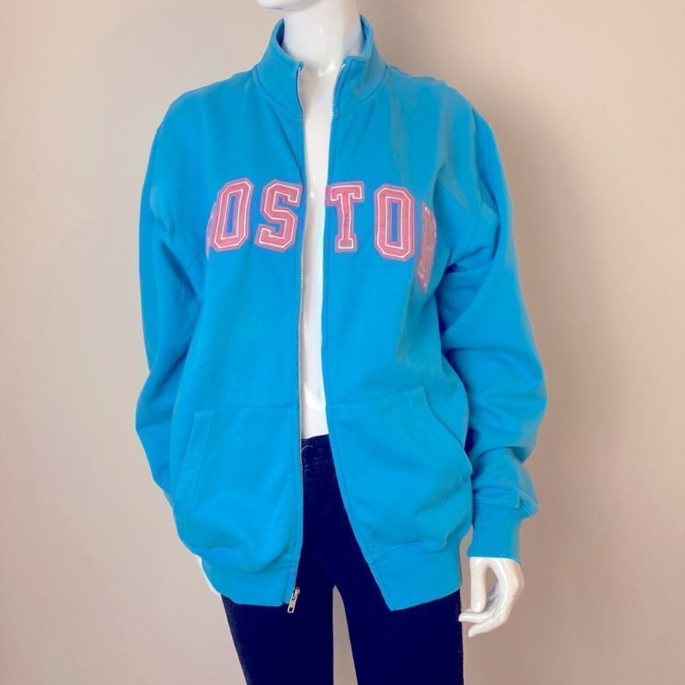 Boston Sweatshirt Full Zip Closure Pink Appliquéd Letters Bay State Apparel Sz M - Picture 3 of 7